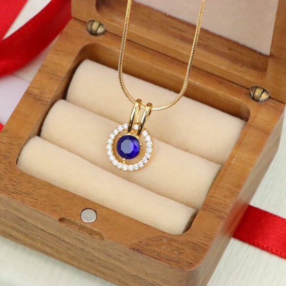 "Elegant Blue Center Stone Pendant with Sparkling Halo Frame Design, XPPT1708 - Picture 8 of 13